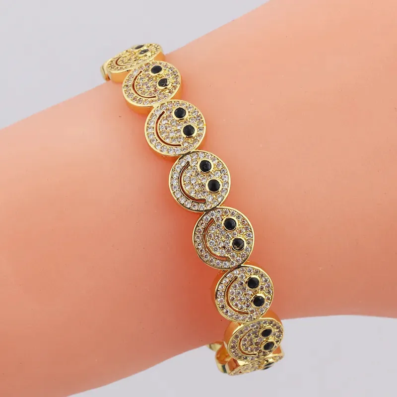 2023 New Simple Smile Smiley Bracelet Copper Gold Plated Cubic Zirconia Round Smile Cuff Bracelet Women's Classic Party Gift