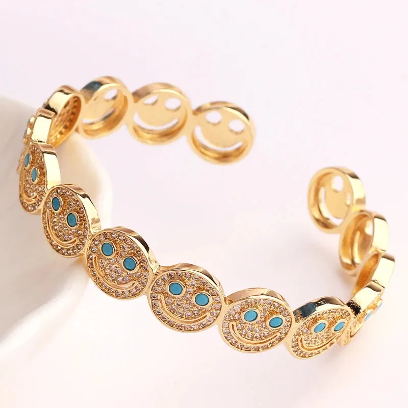 2023 New Simple Smile Smiley Bracelet Copper Gold Plated Cubic Zirconia Round Smile Cuff Bracelet Women's Classic Party Gift