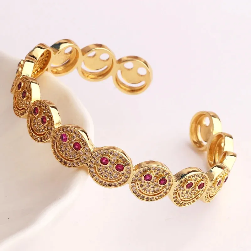 2023 New Simple Smile Smiley Bracelet Copper Gold Plated Cubic Zirconia Round Smile Cuff Bracelet Women's Classic Party Gift