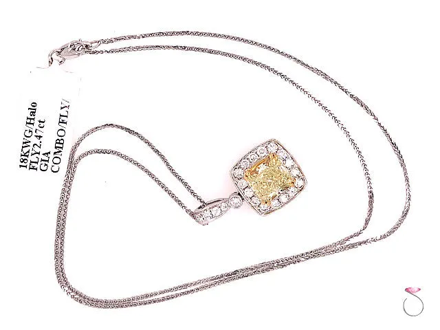 2.47 Carat Fancy Yellow Radiant Diamond Halo Pendant