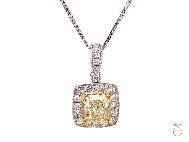 2.47 Carat Fancy Yellow Radiant Diamond Halo Pendant