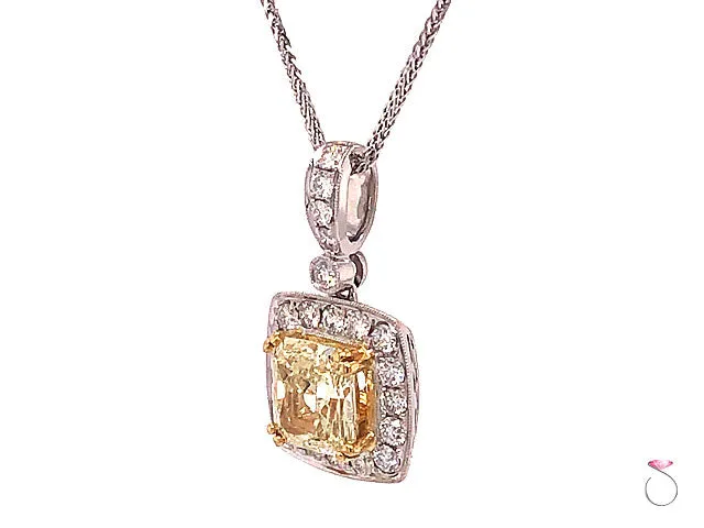 2.47 Carat Fancy Yellow Radiant Diamond Halo Pendant