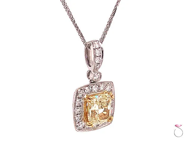 2.47 Carat Fancy Yellow Radiant Diamond Halo Pendant