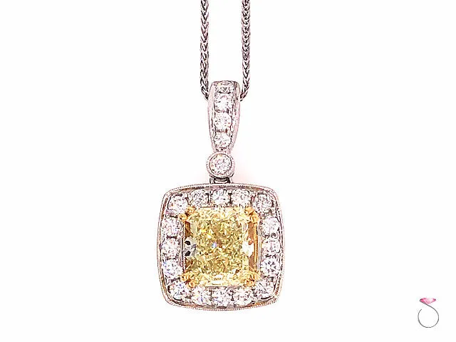 2.47 Carat Fancy Yellow Radiant Diamond Halo Pendant