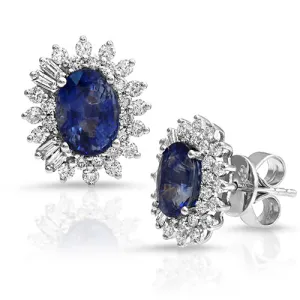 2.68ct Oval Sapphire on a Halo Design with 1.56ct Round cut Diamond in 14k White Gold Stud Earrings