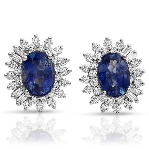 2.68ct Oval Sapphire on a Halo Design with 1.56ct Round cut Diamond in 14k White Gold Stud Earrings