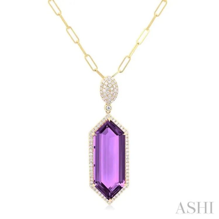 26x10 MM Hexagon Shape Amethyst and 1/2 ctw Round Cut Diamond Halo Semi-Precious Pendant With Chain in 14K Yellow Gold