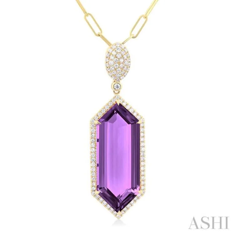 26x10 MM Hexagon Shape Amethyst and 1/2 ctw Round Cut Diamond Halo Semi-Precious Pendant With Chain in 14K Yellow Gold