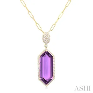 26x10 MM Hexagon Shape Amethyst and 1/2 ctw Round Cut Diamond Halo Semi-Precious Pendant With Chain in 14K Yellow Gold
