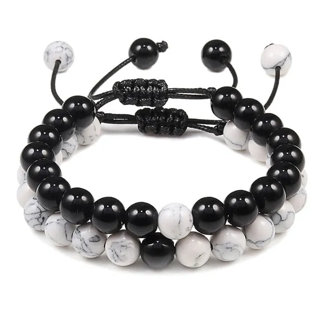2Pcs/Set Natural Tiger Stone Onyx Bead Unisex Bracelet