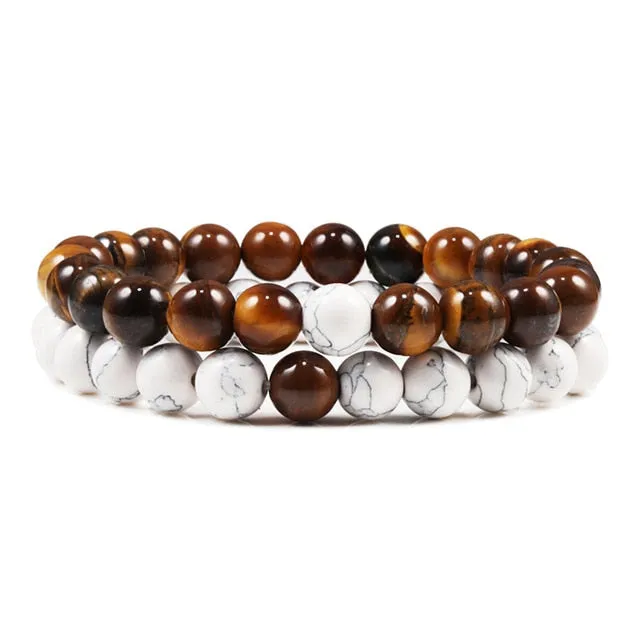 2Pcs/Set Natural Tiger Stone Onyx Bead Unisex Bracelet