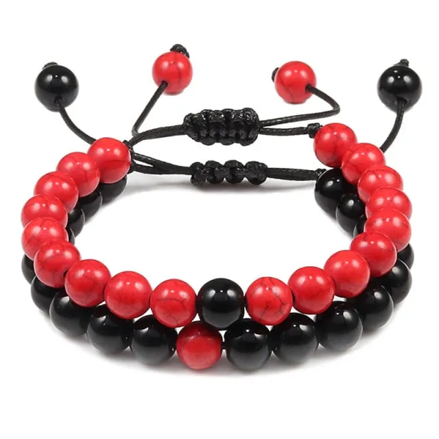 2Pcs/Set Natural Tiger Stone Onyx Bead Unisex Bracelet