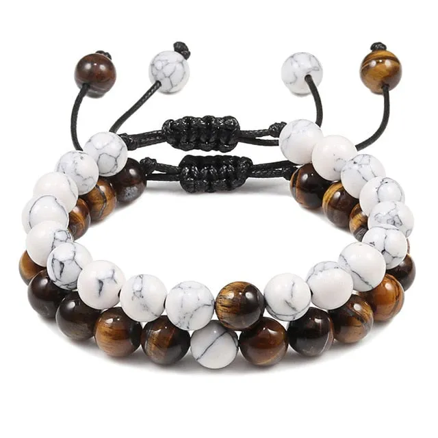 2Pcs/Set Natural Tiger Stone Onyx Bead Unisex Bracelet
