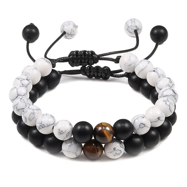 2Pcs/Set Natural Tiger Stone Onyx Bead Unisex Bracelet