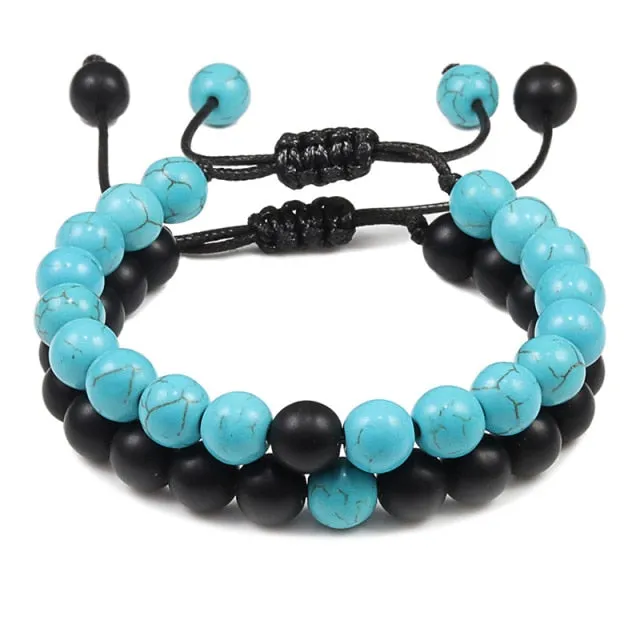 2Pcs/Set Natural Tiger Stone Onyx Bead Unisex Bracelet