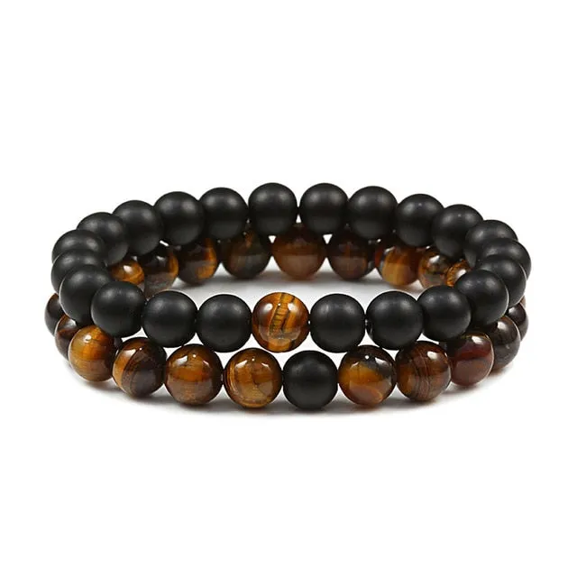2Pcs/Set Natural Tiger Stone Onyx Bead Unisex Bracelet