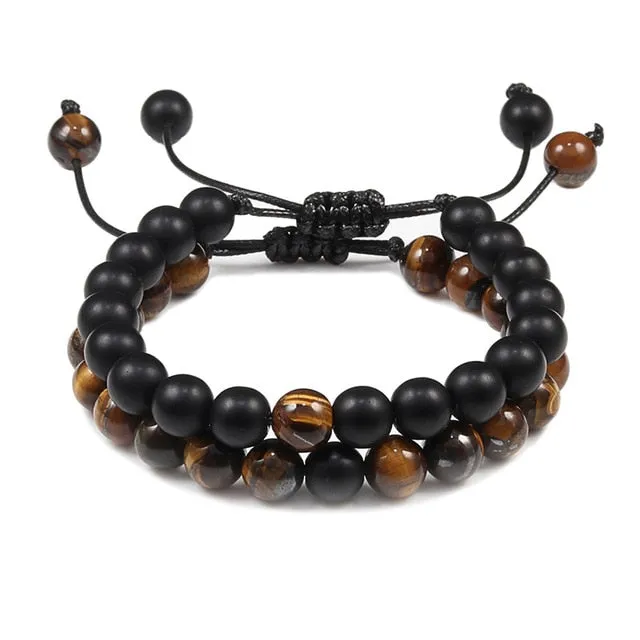 2Pcs/Set Natural Tiger Stone Onyx Bead Unisex Bracelet