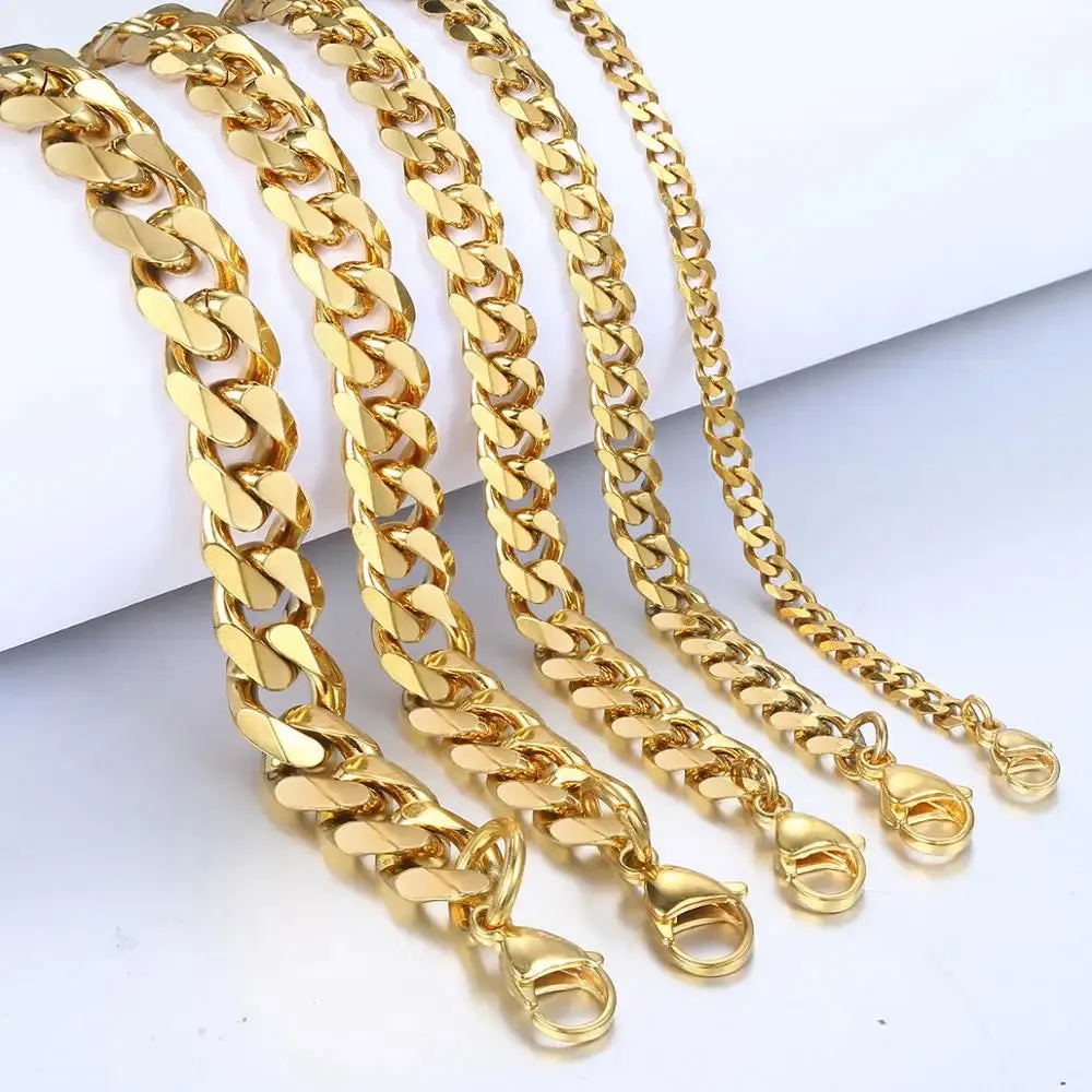 3-11mm Black Stainless Steel Bracelet for Men Women Gold Color Cuban Link Bracelet Wholesale Jewelry 7-11 Inch Gifts KBB4
