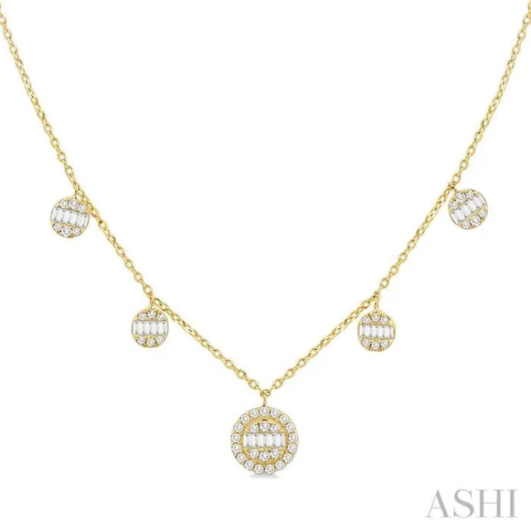 3/8 ctw Circular Shaped Danglers Fusion Baguette and Round Cut Diamond Station Necklace in 10K Yellow Gold