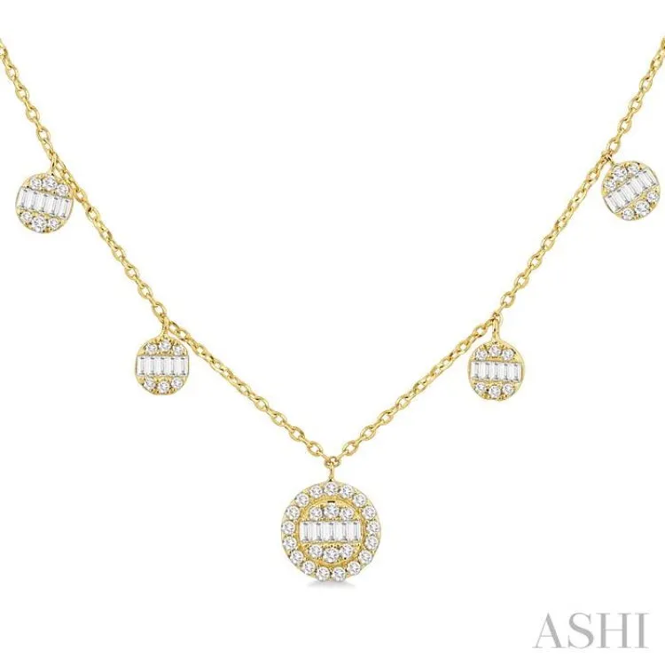 3/8 ctw Circular Shaped Danglers Fusion Baguette and Round Cut Diamond Station Necklace in 10K Yellow Gold