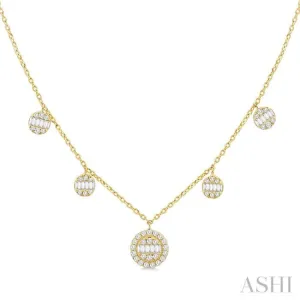 3/8 ctw Circular Shaped Danglers Fusion Baguette and Round Cut Diamond Station Necklace in 10K Yellow Gold