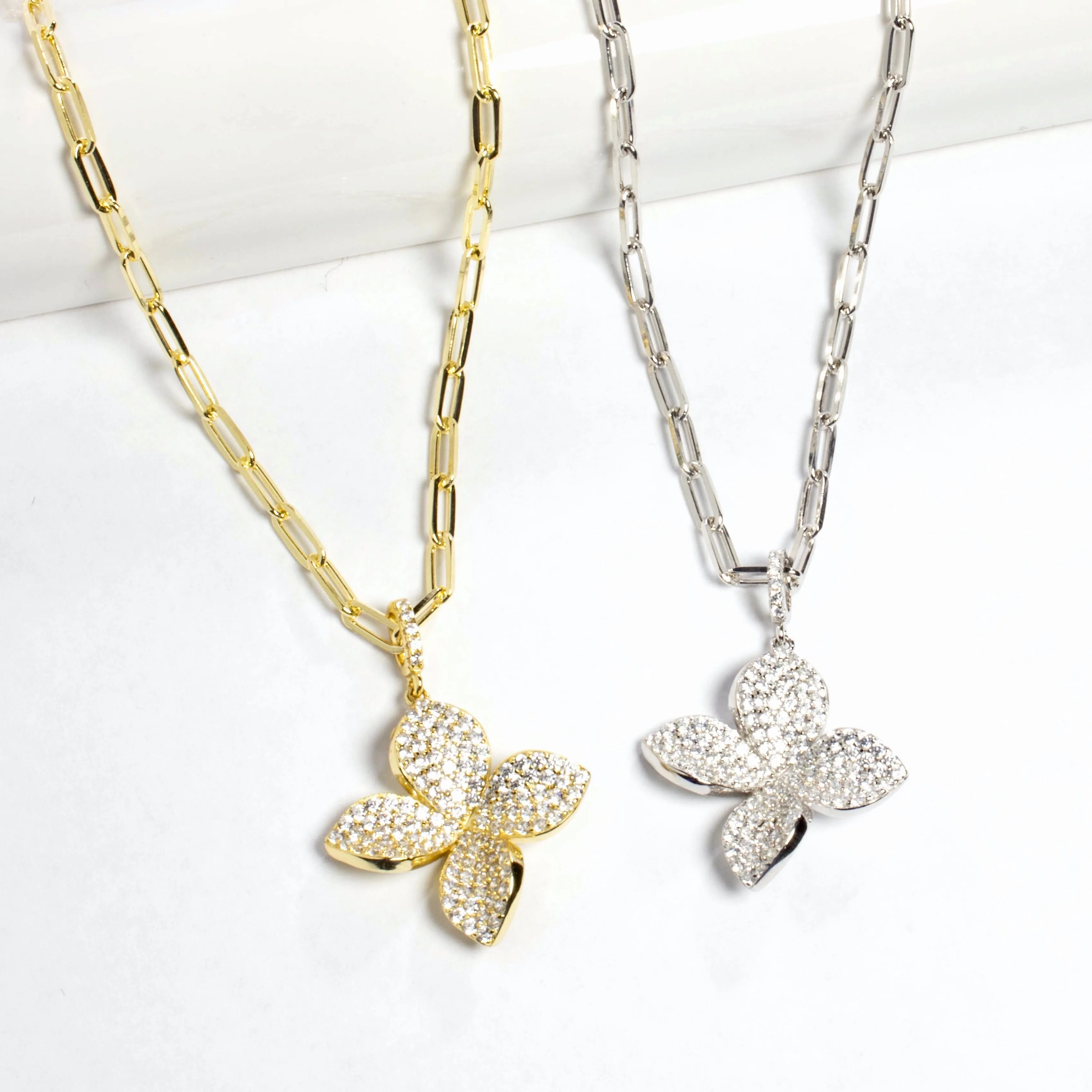 4 Leaf Flower Pave CZ  Necklace - Gold or Silver