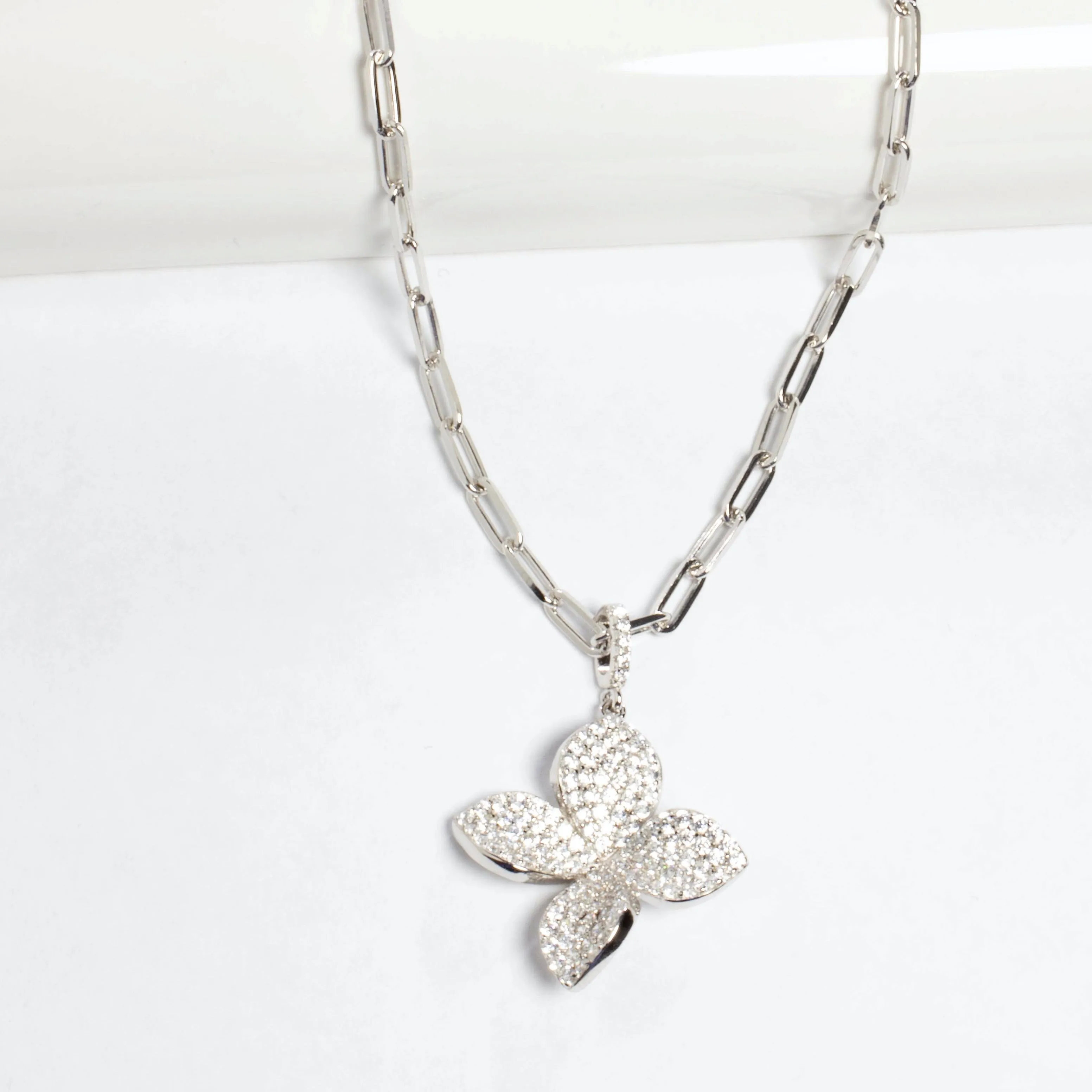 4 Leaf Flower Pave CZ  Necklace - Gold or Silver