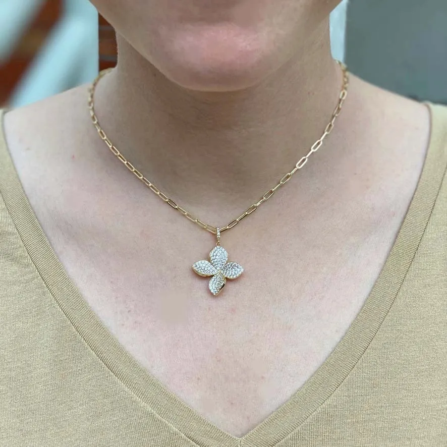 4 Leaf Flower Pave CZ  Necklace - Gold or Silver