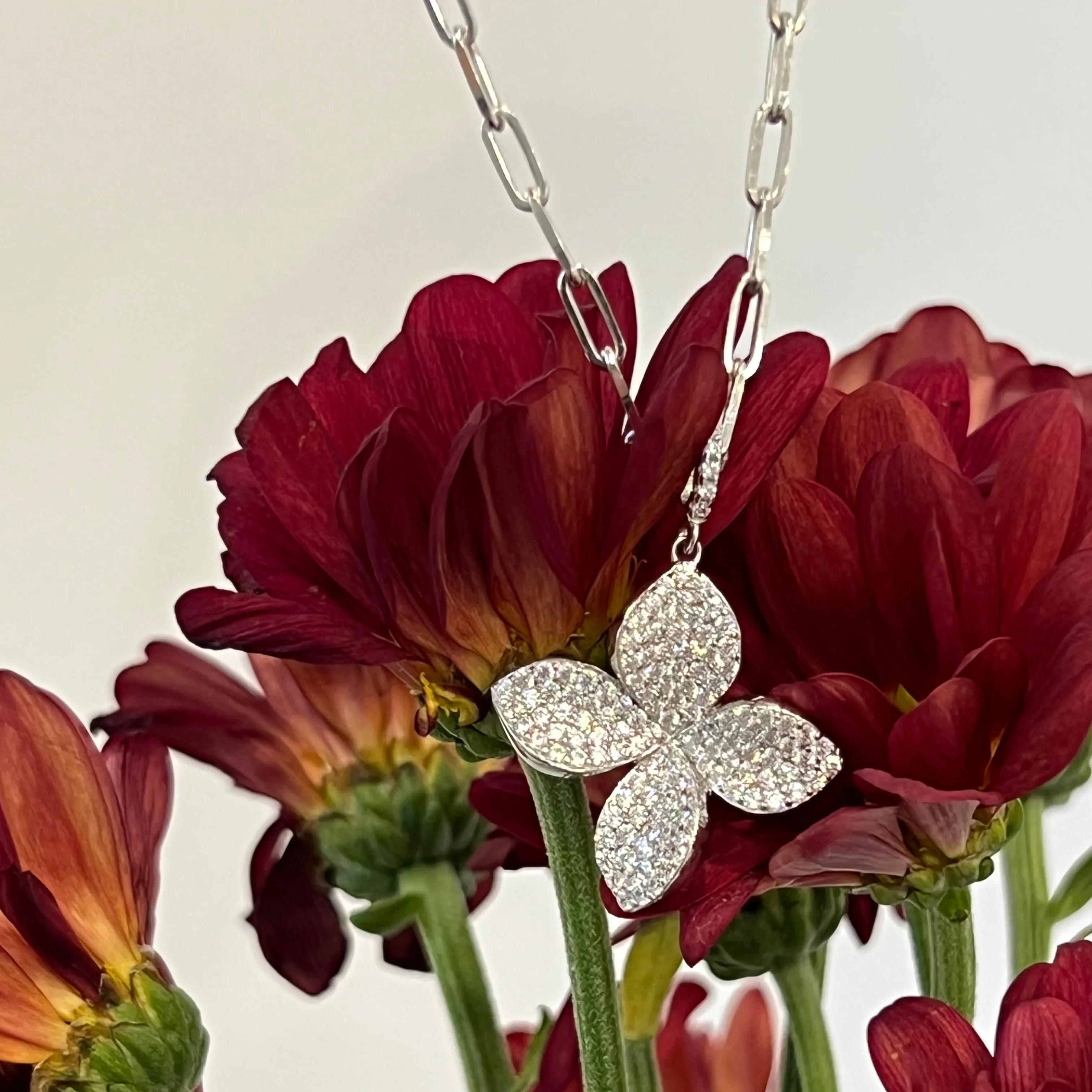 4 Leaf Flower Pave CZ  Necklace - Gold or Silver