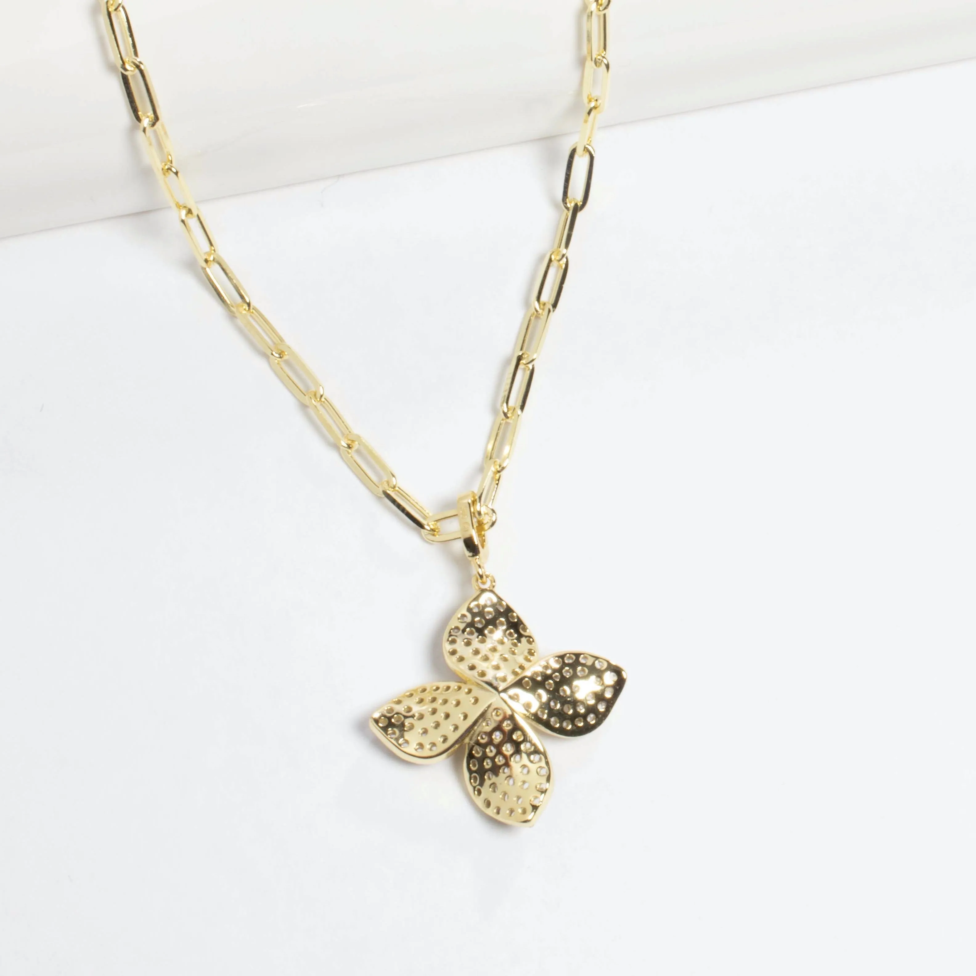 4 Leaf Flower Pave CZ  Necklace - Gold or Silver