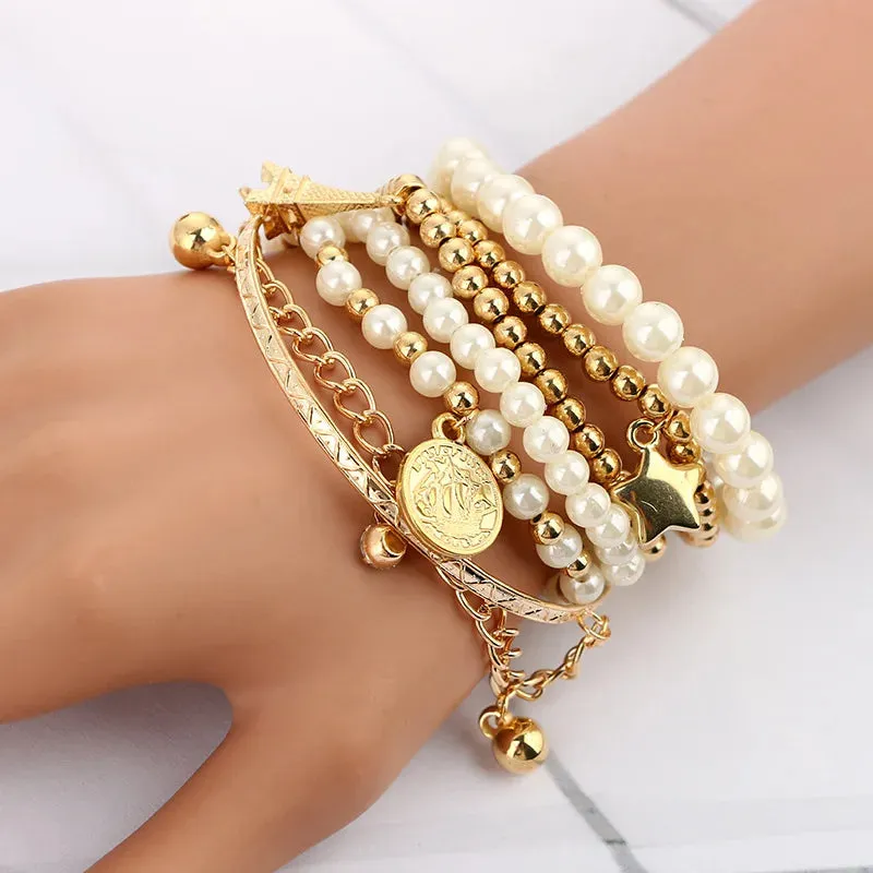 6pcs/set Fashion Gold Color Beads Pearl Star Multilayer Beaded Bracelets Set for Women Charm Party Jewelry Gift