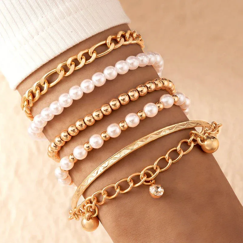 6pcs/set Fashion Gold Color Beads Pearl Star Multilayer Beaded Bracelets Set for Women Charm Party Jewelry Gift