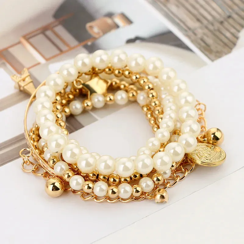 6pcs/set Fashion Gold Color Beads Pearl Star Multilayer Beaded Bracelets Set for Women Charm Party Jewelry Gift