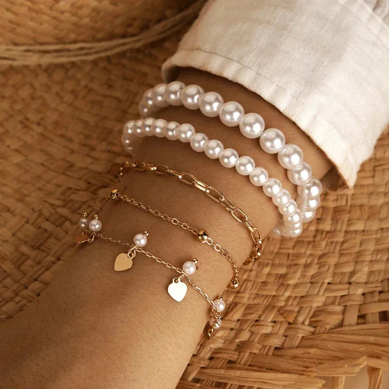 6pcs/set Fashion Gold Color Beads Pearl Star Multilayer Beaded Bracelets Set for Women Charm Party Jewelry Gift