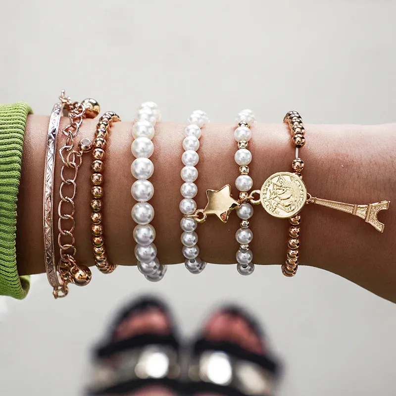 6pcs/set Fashion Gold Color Beads Pearl Star Multilayer Beaded Bracelets Set for Women Charm Party Jewelry Gift