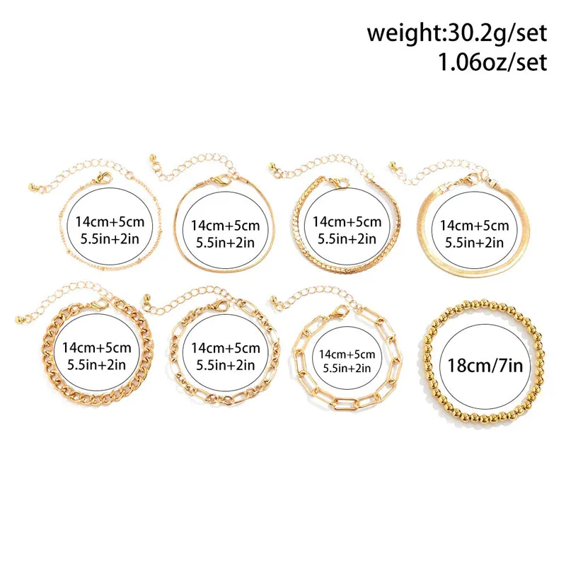 8Pcs/Set Trendy Metal Chain Bead Bracelets for Women