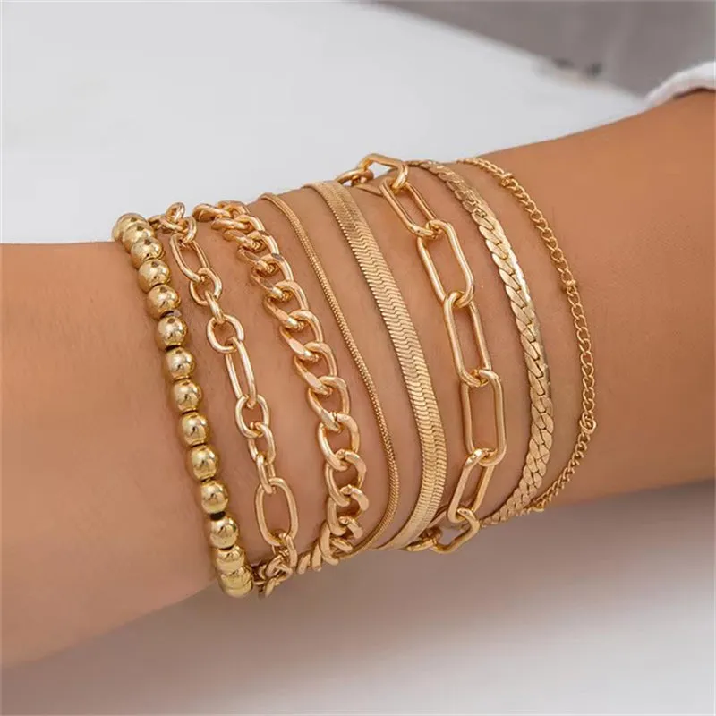 8Pcs/Set Trendy Metal Chain Bead Bracelets for Women