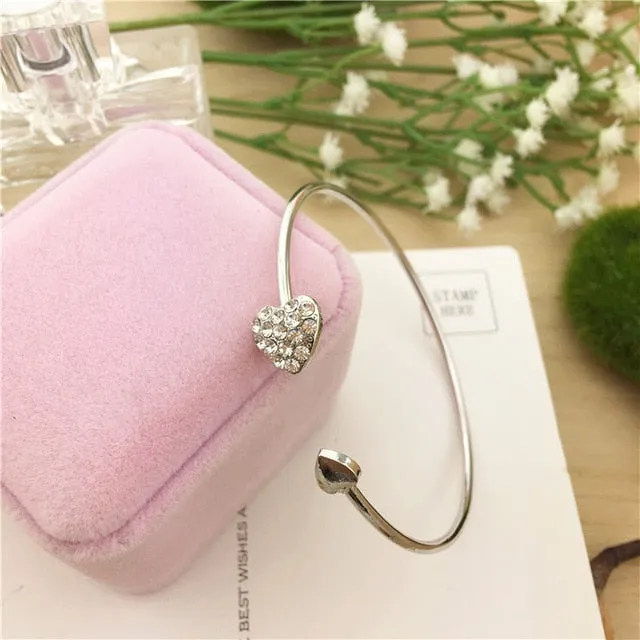 Adjustable Crystal Double Heart Bow Bilezik Cuff | Opening Bracelet For Women Gift