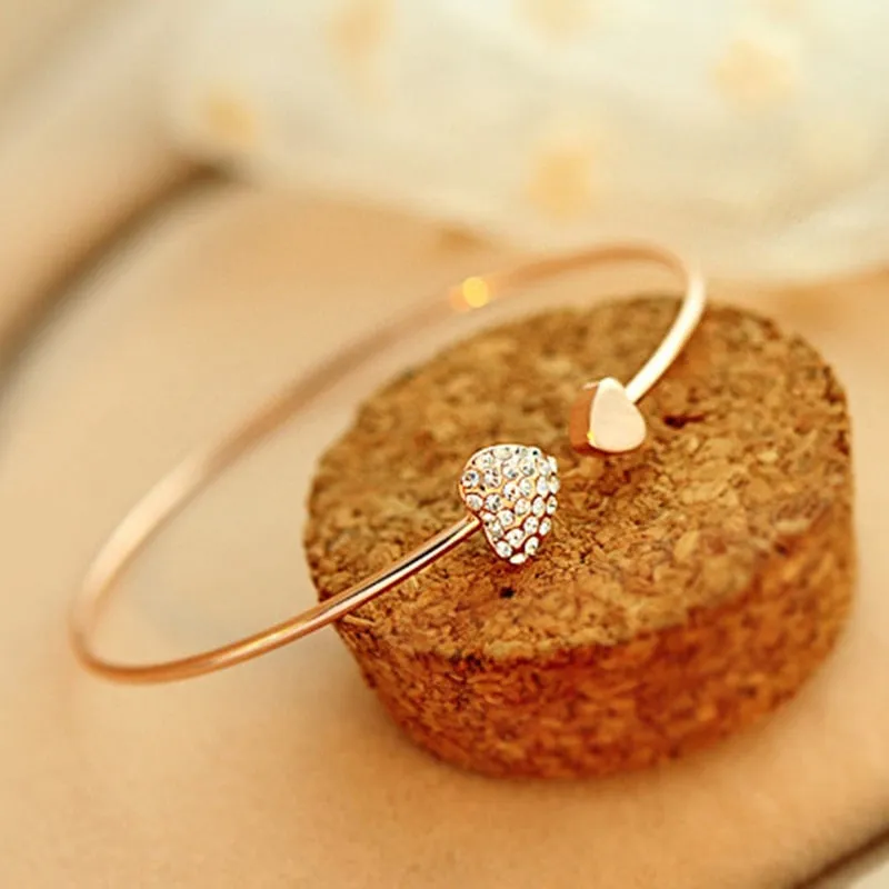 Adjustable Crystal Double Heart Bow Bilezik Cuff | Opening Bracelet For Women Gift