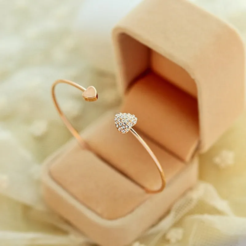 Adjustable Crystal Double Heart Bow Bilezik Cuff | Opening Bracelet For Women Gift