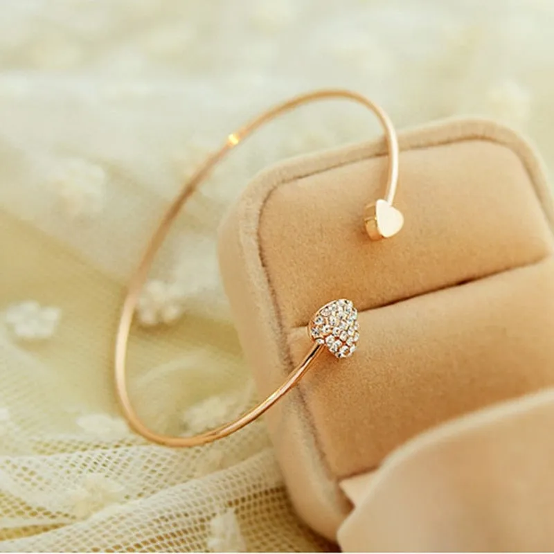 Adjustable Crystal Double Heart Bow Bilezik Cuff | Opening Bracelet For Women Gift