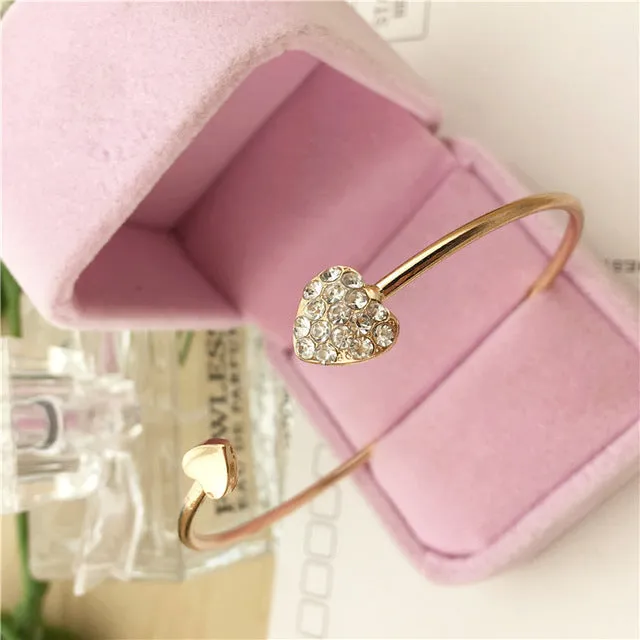 Adjustable Crystal Double Heart Bow Bilezik Cuff | Opening Bracelet For Women Gift