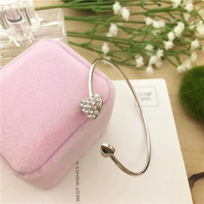 Adjustable Crystal Double Heart Bow Bilezik Cuff | Opening Bracelet For Women Gift