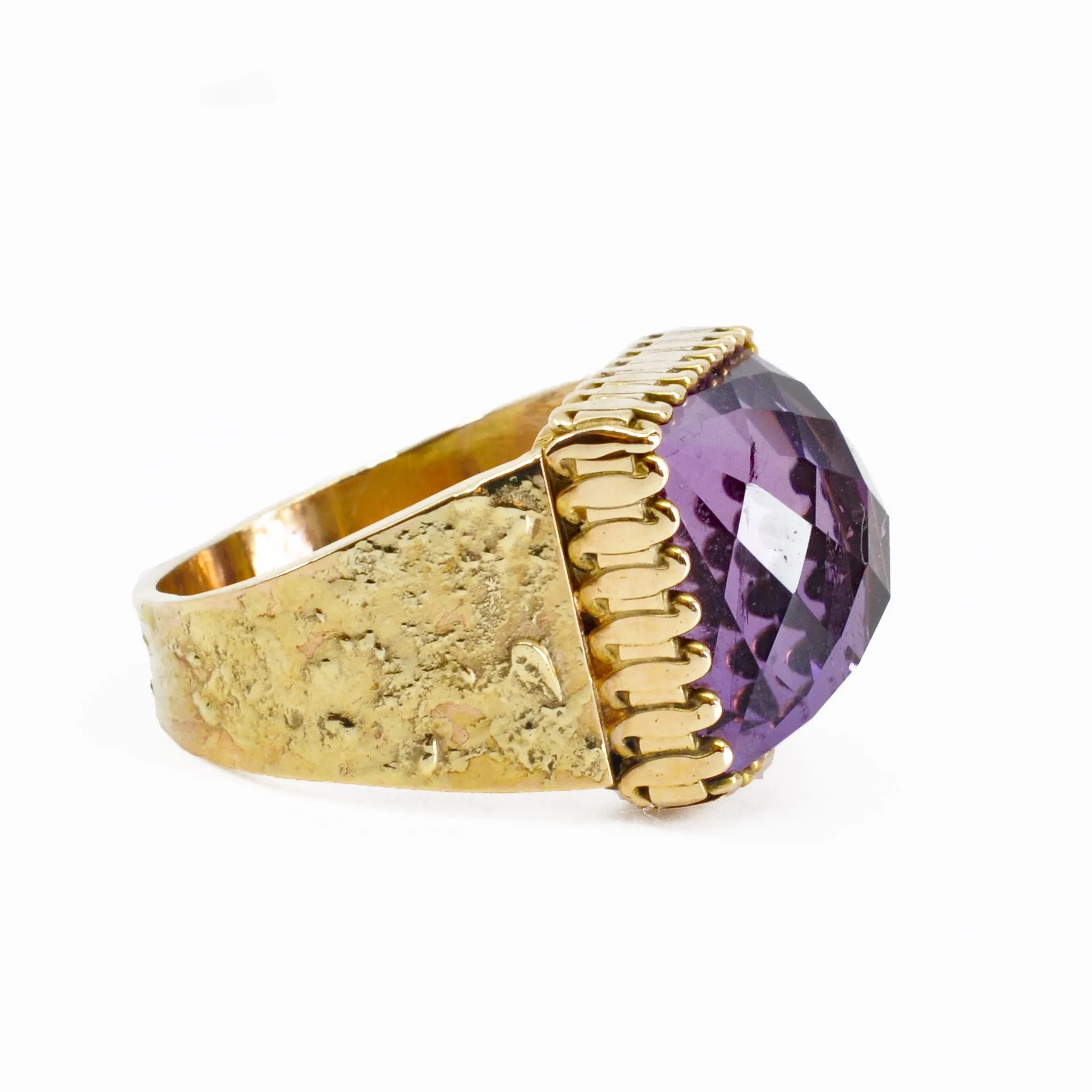 Amethyst 12.61 mm 9.6 carats Faceted Rose Cut 14K Handcrafted Gemstone Ring