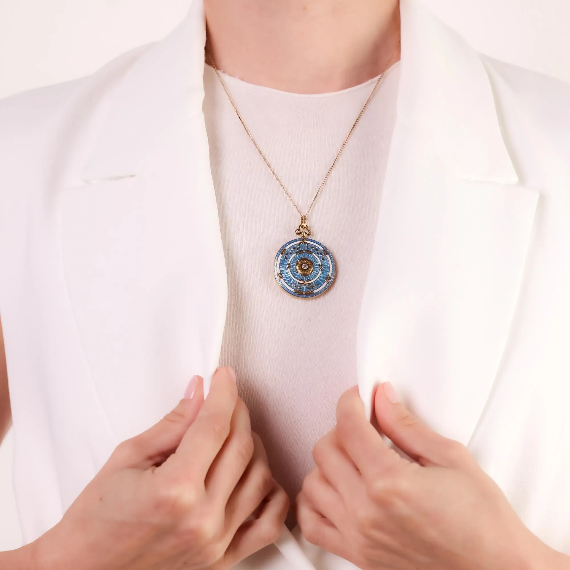 Antique diamond 14k yellow gold blue guillouche enamel locket necklace