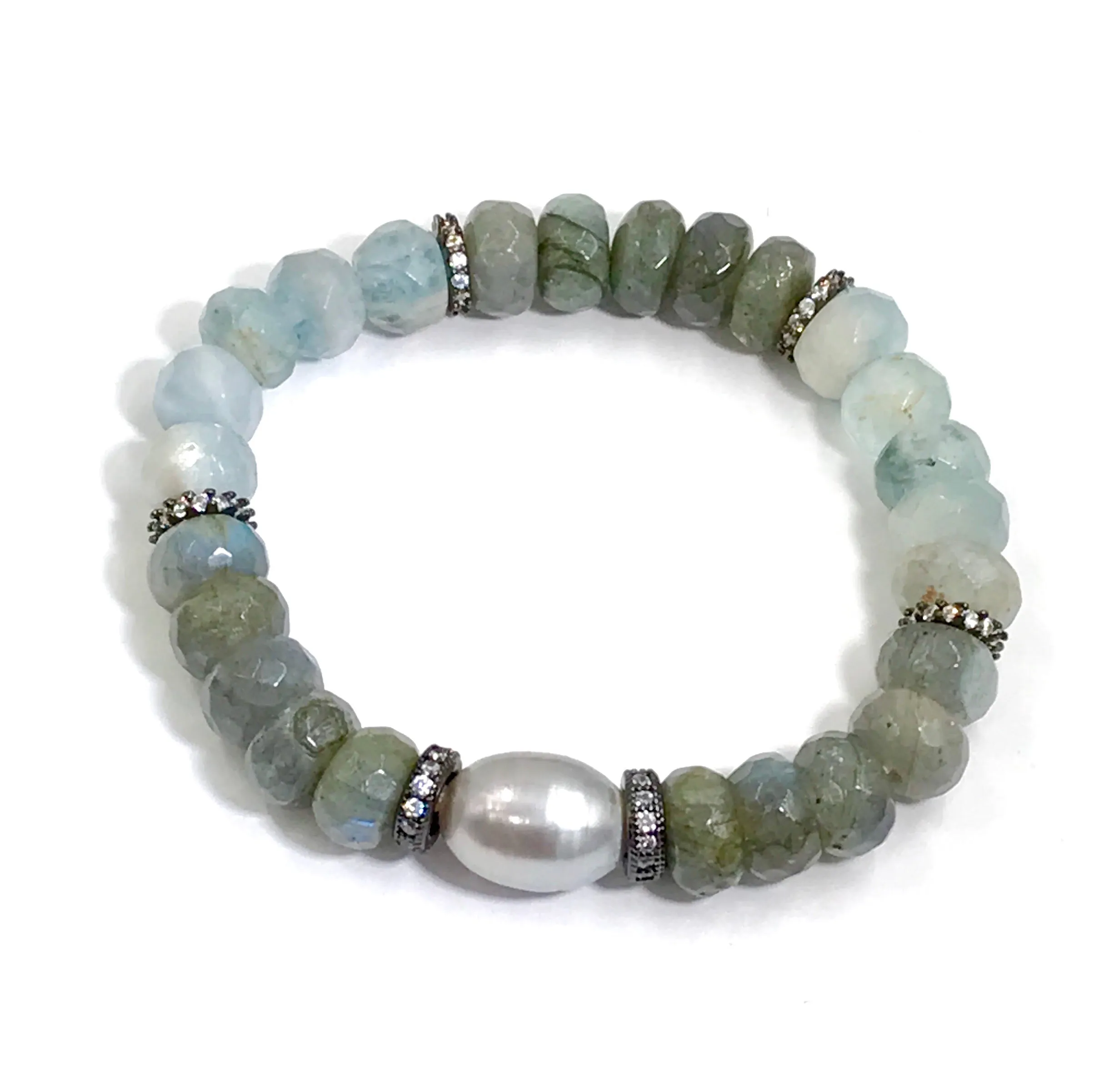 Aquamarine, Labradorite Gemstone Stack and Stretch Layering Bracelets Set