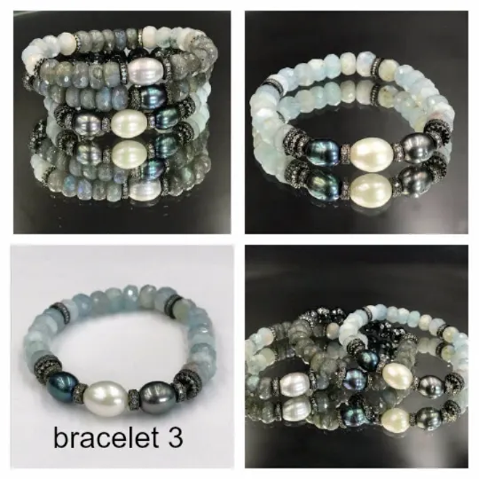 Aquamarine, Labradorite Gemstone Stack and Stretch Layering Bracelets Set