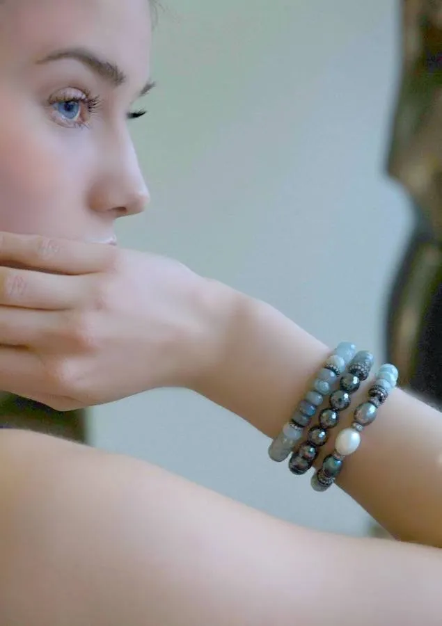 Aquamarine, Labradorite Gemstone Stack and Stretch Layering Bracelets Set