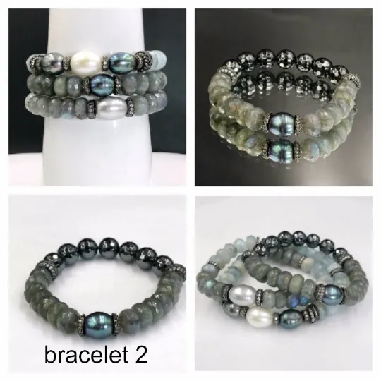 Aquamarine, Labradorite Gemstone Stack and Stretch Layering Bracelets Set
