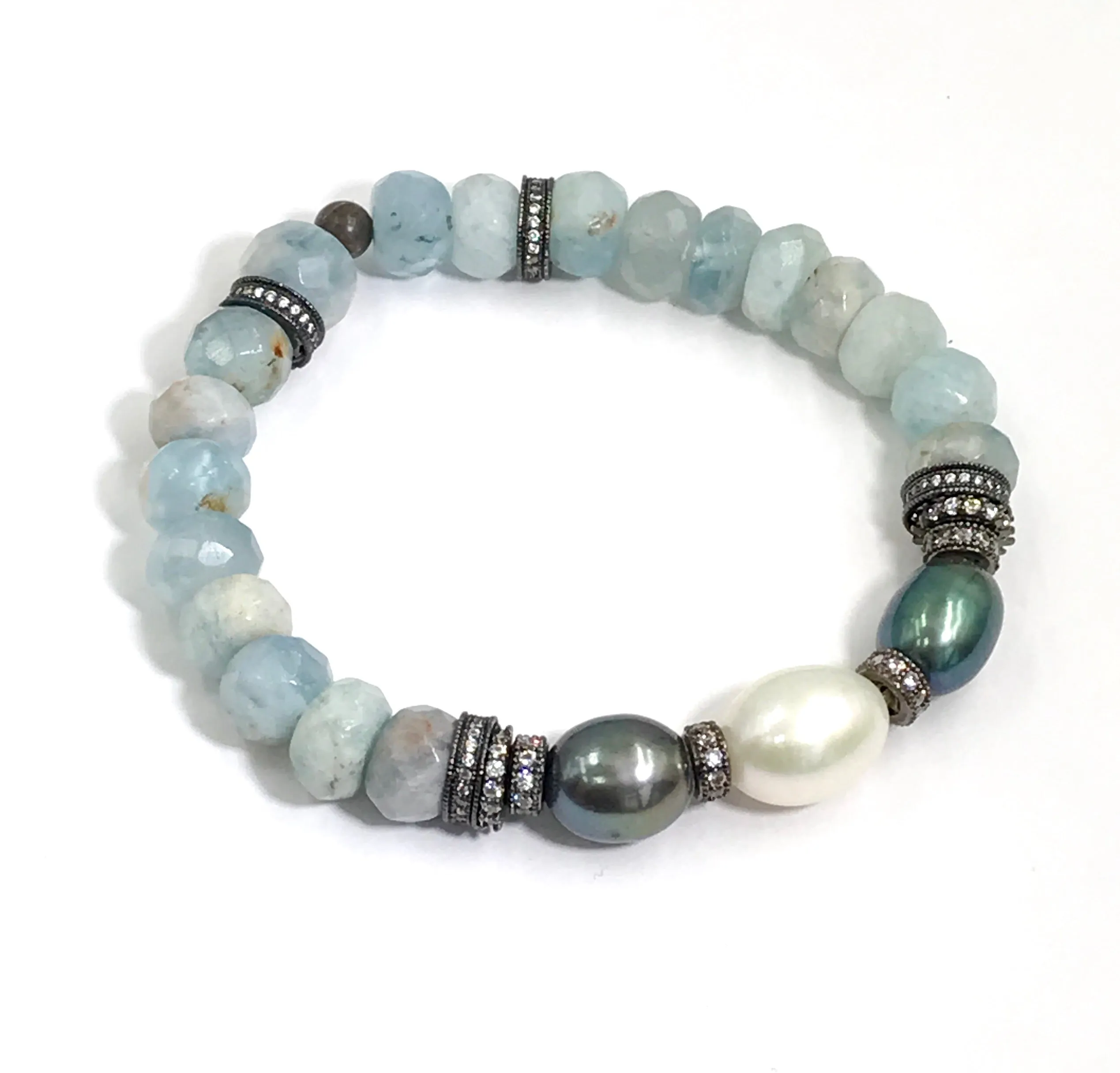 Aquamarine, Labradorite Gemstone Stack and Stretch Layering Bracelets Set